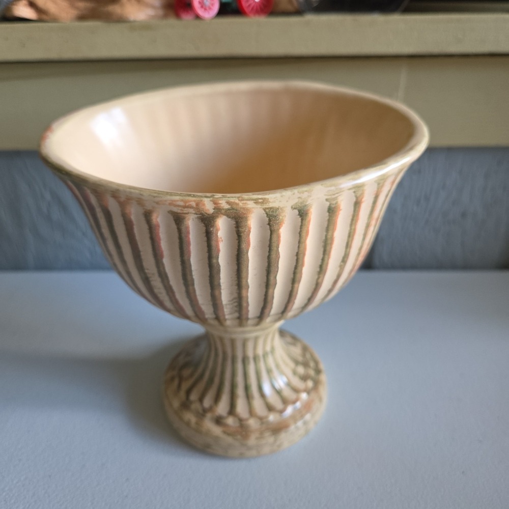 Vintage Hull USA #15 Pottery Pedestal Planter Bowl Vase Cream Green Striped